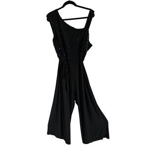 R&M Richards Black Jumpsuit Sequin Formal Sleeveless Wide Leg Zipper Back 20W